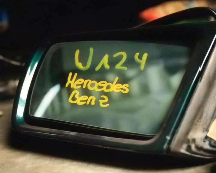 Außenspiegel im Teilelager, mit Lackstift beschriftet: W124 Mercedes Benz